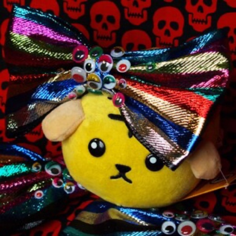 Crazy google eyes bright sparkle stripe hair bow decora kei